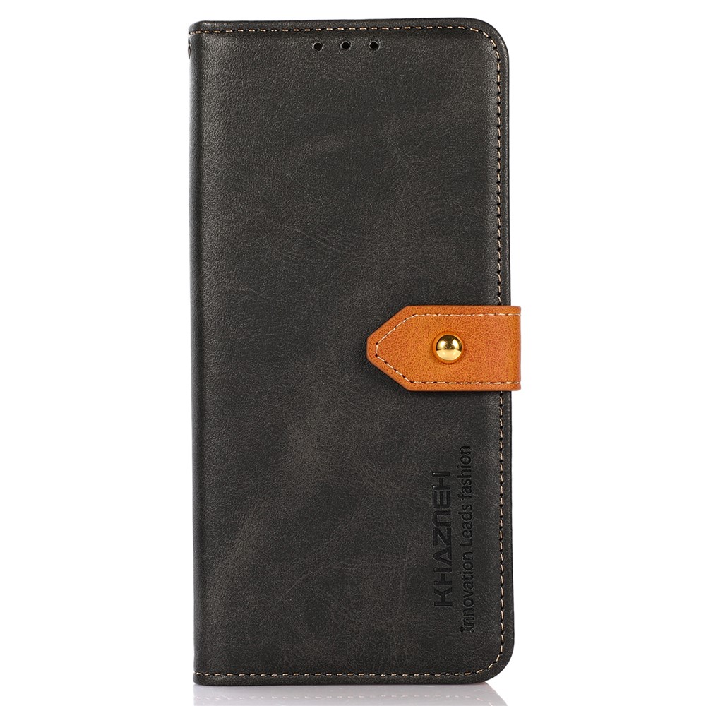 KHAZNEH Folio Flip Magnetic Golden Clasp PU Leather Wallet Stand Phone Cover Shell for Samsung Galaxy S22 Ultra - Black-2