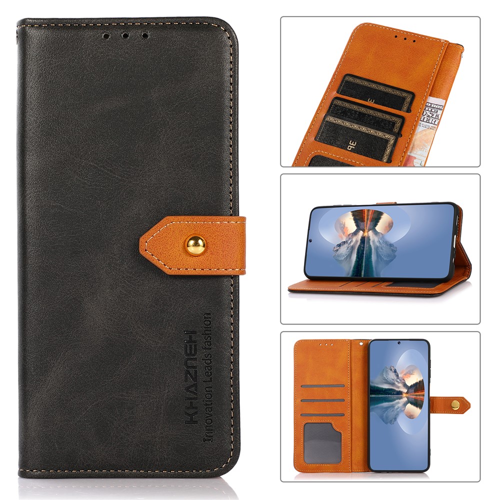 Khazneh Folio Flip Magnetic Golden Clasp PU Leder Brieftasche Phone Deckhülle Für Samsung Galaxy S22 Ultra 5g - Schwarz