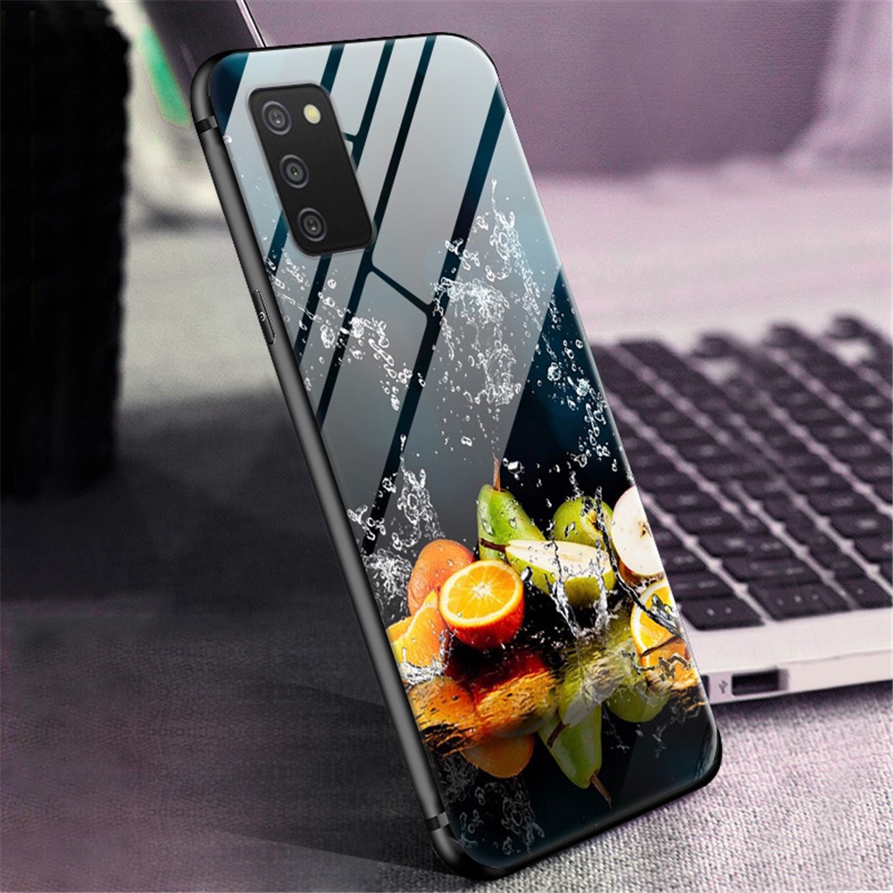 Pattern Printing Design Soft TPU Bumper Frame Tempered Glass Back Hard Phone Cover for Samsung Galaxy A03s (164.2 x 75.9 x 9.1mm) - Line-3