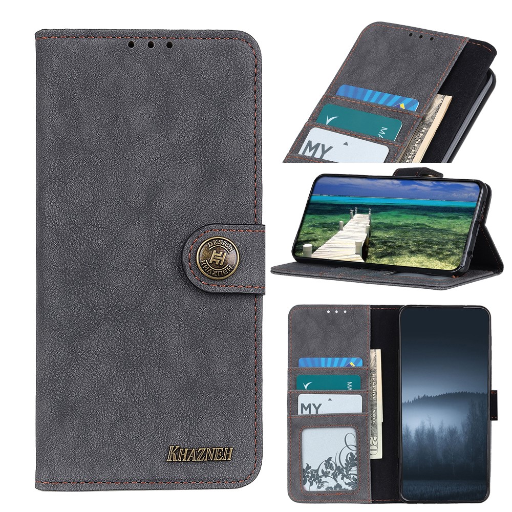 KHAZHEN Stitching Line Shockproof Interior Vintage Split Leather Wallet Folio Stand Magnetic Cover for Samsung Galaxy M52 5G - Black-9