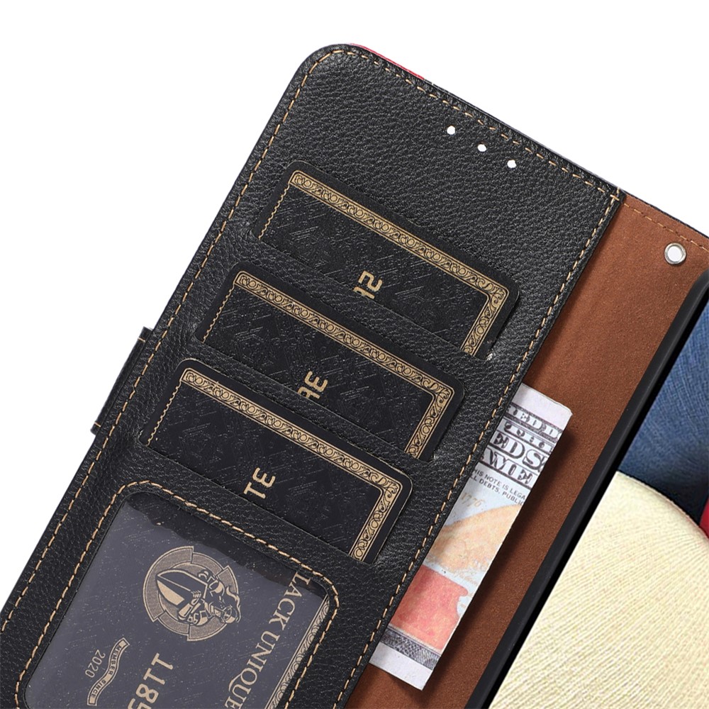 KHAZNEH Litchi Skin PU Leather RFID Blocking Anti-theft Swiping Wallet Stand Protective Phone Case with Strap for Samsung Galaxy M52 5G - Black-7
