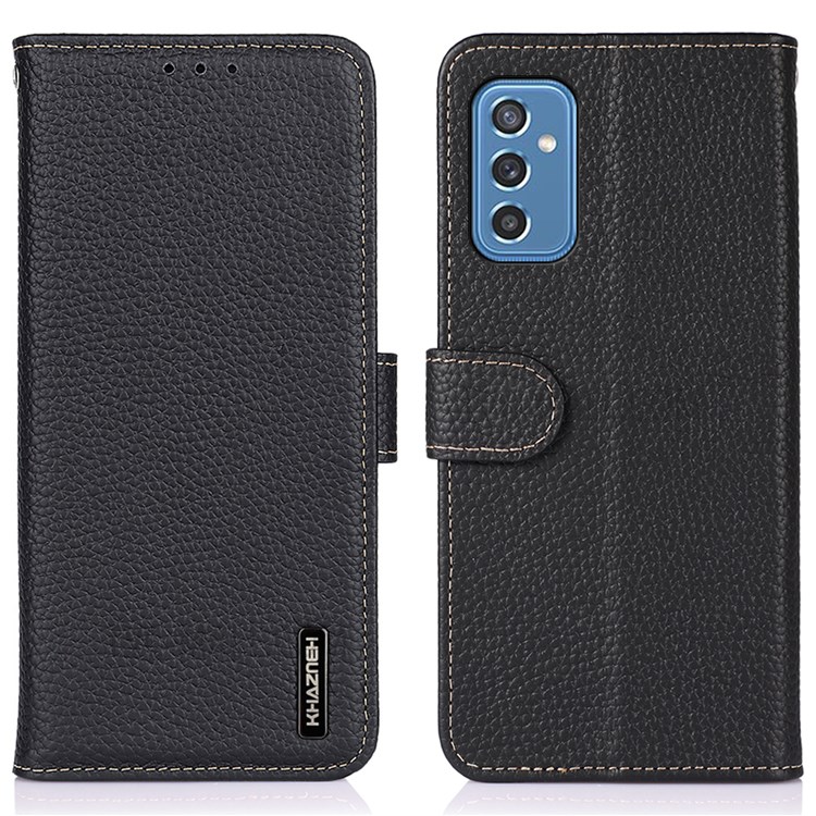 KHAZNEH Litchi Texture Top Layer Genuine Leather All-round Protection Leather Wallet Cover Phone Case for Samsung Galaxy M52 5G - Black-1