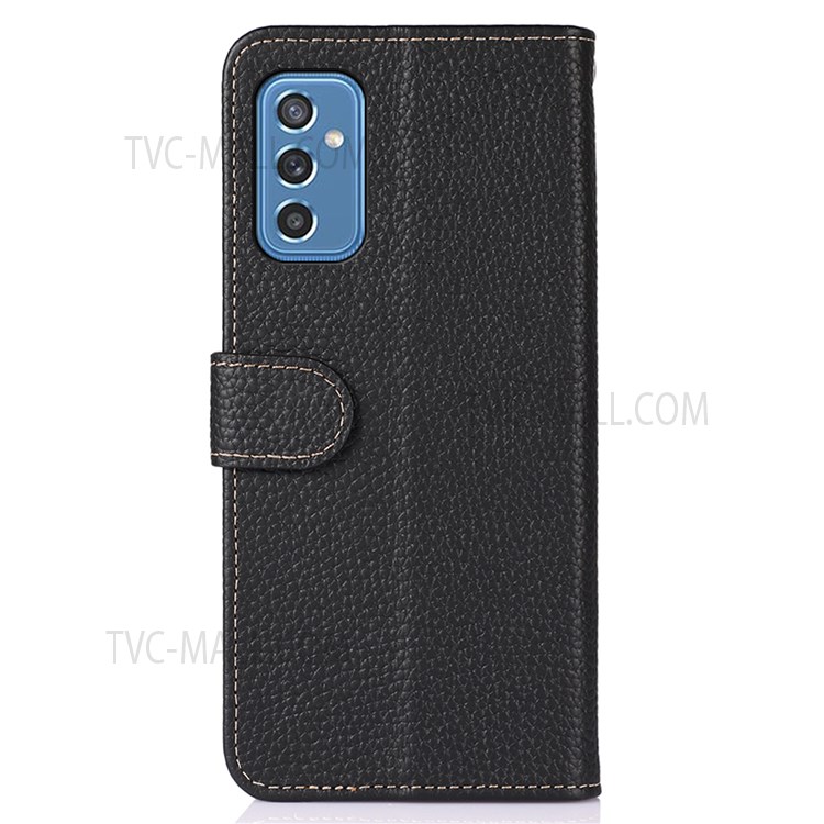 KHAZNEH Litchi Texture Top Layer Genuine Leather All-round Protection Leather Wallet Cover Phone Case for Samsung Galaxy M52 5G - Black-3