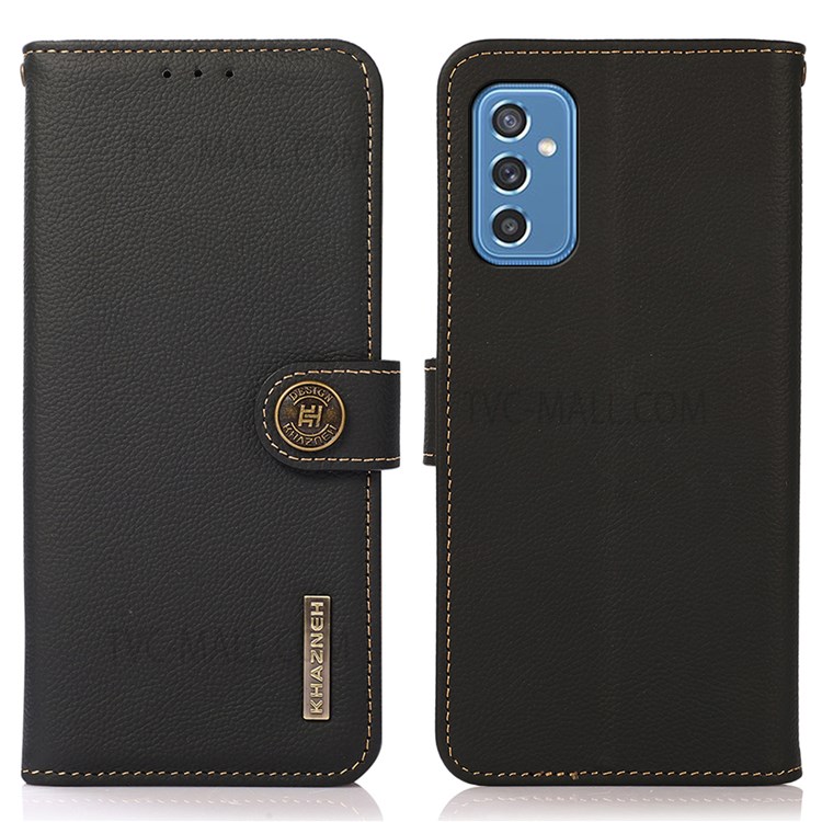 KHAZNEH RFID Blocking Genuine Leather Protective Phone Case Shell with Stand Wallet Function for Samsung Galaxy M52 5G - Black-1
