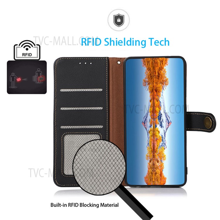 KHAZNEH RFID Blocking Genuine Leather Protective Phone Case Shell with Stand Wallet Function for Samsung Galaxy M52 5G - Black-6