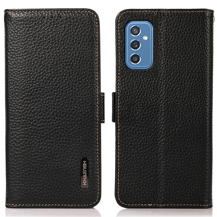 KHAZNEH Litchi Texture Genuine Leather Phone Case Protector with RFID Blocking Anti-theft Swiping Design for Samsung Galaxy M52 5G - Black-1
