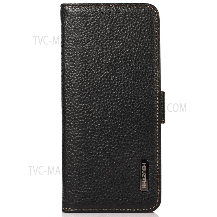 KHAZNEH Litchi Texture Genuine Leather Phone Case Protector with RFID Blocking Anti-theft Swiping Design for Samsung Galaxy M52 5G - Black-2