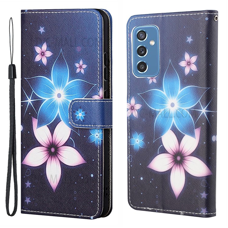 Pattern Printing Cross Texture PU Leather Stand Phone Wallet Shell Case with Carrying Strap for Samsung Galaxy M52 5G - Flower-1