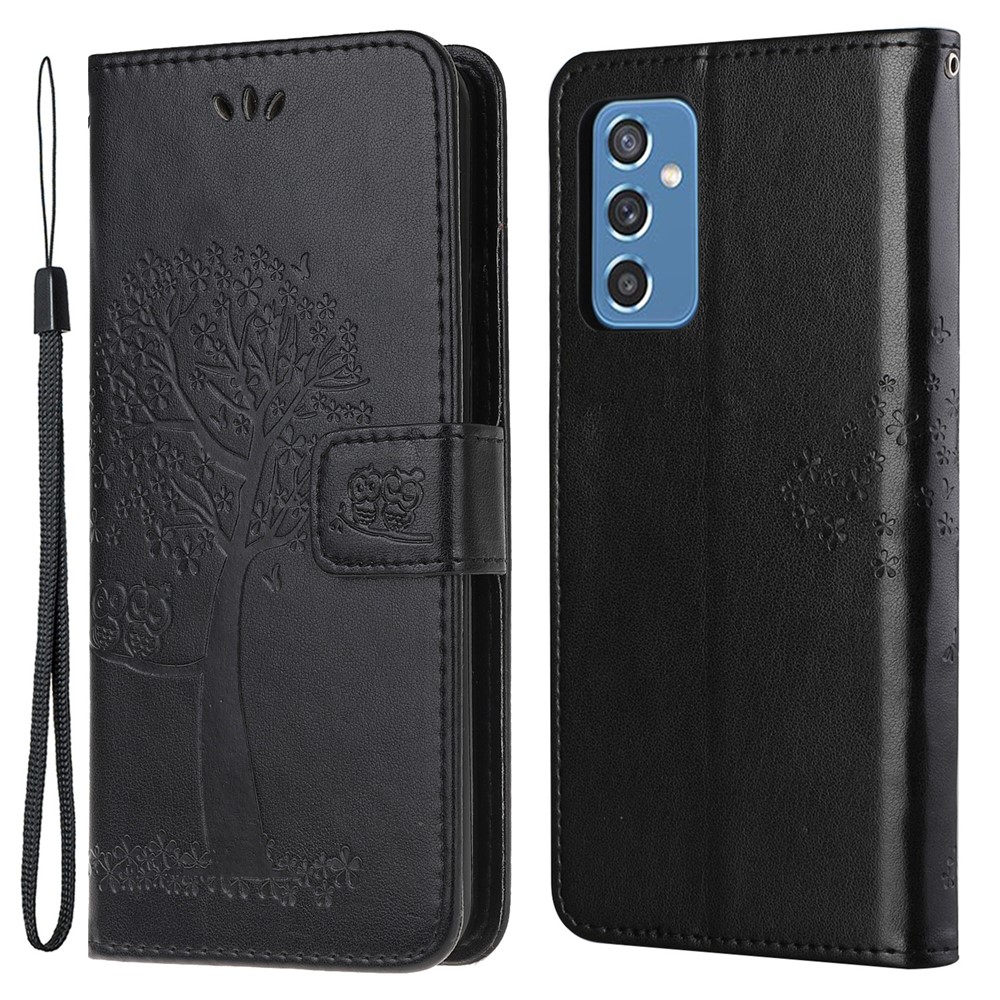 Folio Flip Owl Tree Imprint Well-Protected Anti-Drop Stylish Leather Wallet Phone Case Shell with Stand for Samsung Galaxy M52 5G - Black-1