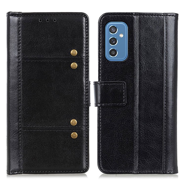 Scratch Resistant Crazy Horse Texture Wallet Design Rivet Decor Leather Case for Samsung Galaxy M52 5G - Black-1