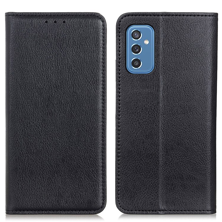 Scratch Resistant Litchi Texture Split Leather Magnetic Auto Closing Phone Stand Protector Case for Samsung Galaxy M52 5G - Black-1