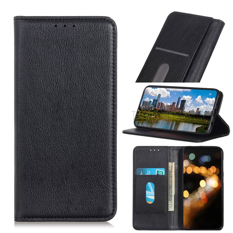 Scratch Resistant Litchi Texture Split Leather Magnetic Auto Closing Phone Stand Protector Case for Samsung Galaxy M52 5G - Black-8
