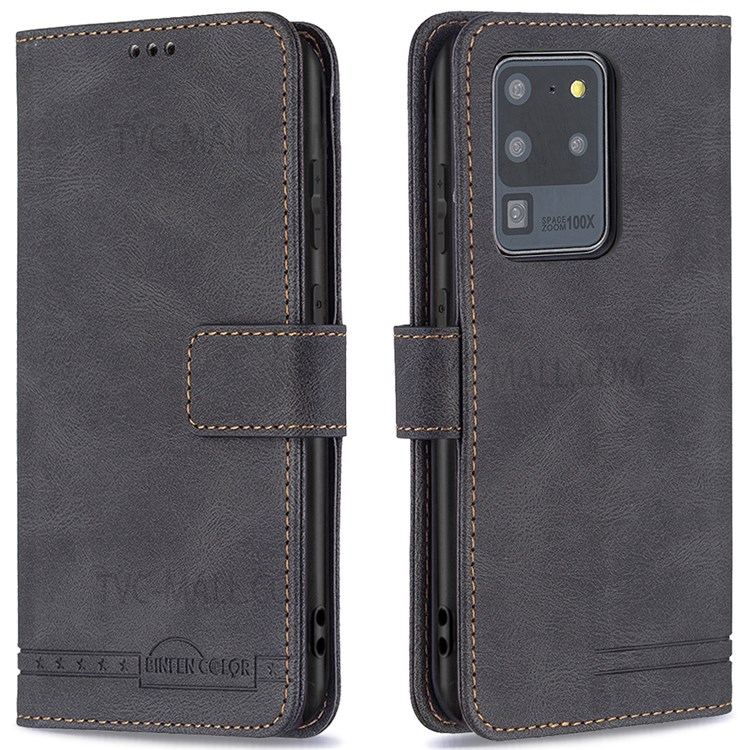 BINFEN COLOR BF09 RFID Blocking PU Leather Wallet Stand Protective Phone Case Cover for Samsung Galaxy S20 Ultra - Black-1
