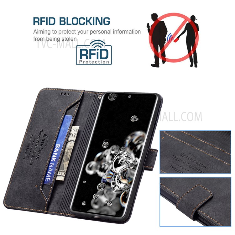 BINFEN COLOR BF09 RFID Blocking PU Leather Wallet Stand Protective Phone Case Cover for Samsung Galaxy S20 Ultra - Black-3