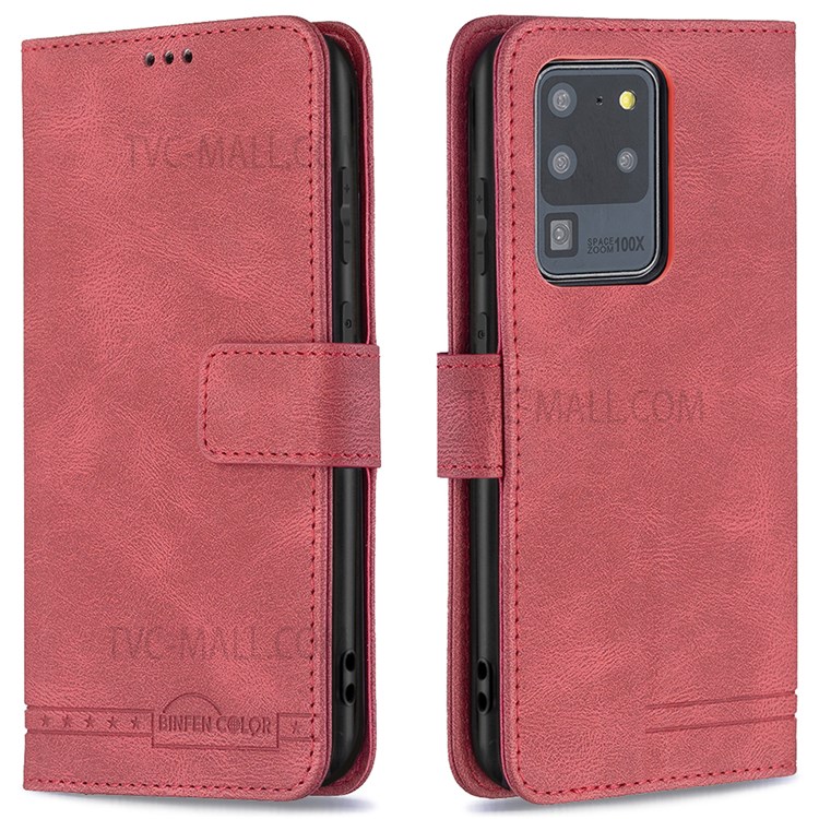 BINFEN COLOR BF09 RFID Blocking PU Leather Wallet Stand Protective Phone Case Cover for Samsung Galaxy S20 Ultra - Red-1