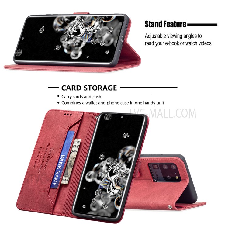 BINFEN COLOR BF09 RFID Blocking PU Leather Wallet Stand Protective Phone Case Cover for Samsung Galaxy S20 Ultra - Red-2