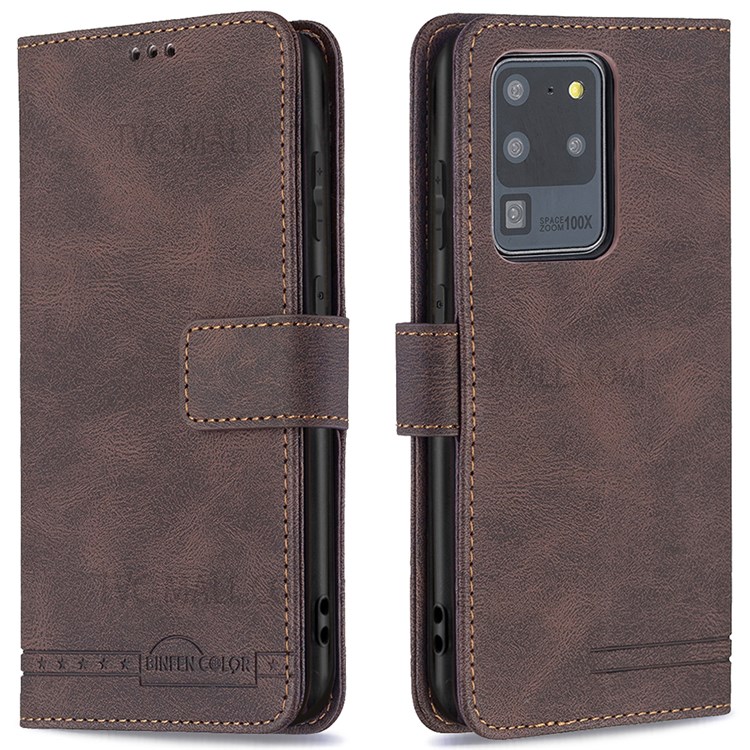 BINFEN COLOR BF09 RFID Blocking PU Leather Wallet Stand Protective Phone Case Cover for Samsung Galaxy S20 Ultra - Brown-1