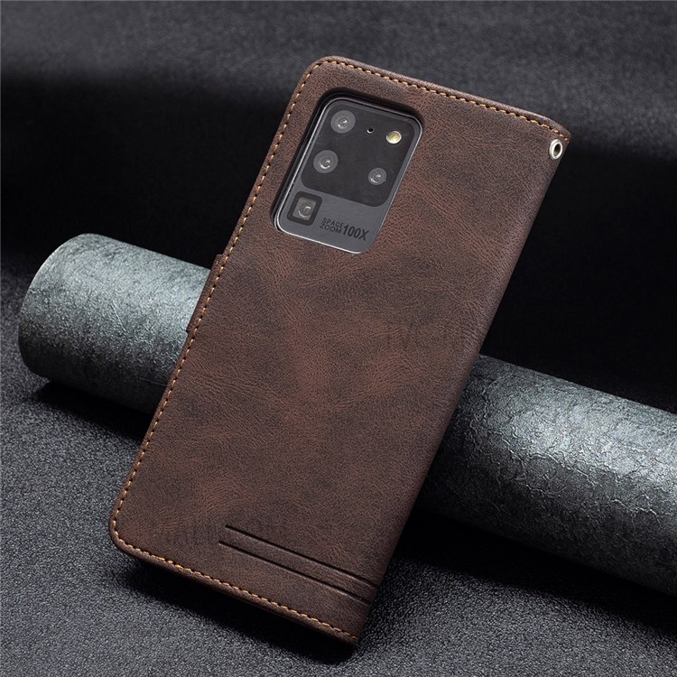 BINFEN COLOR BF09 RFID Blocking PU Leather Wallet Stand Protective Phone Case Cover for Samsung Galaxy S20 Ultra - Brown-7