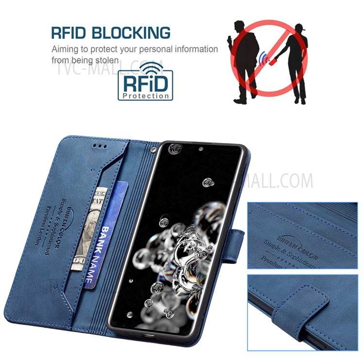 BINFEN COLOR BF09 RFID Blocking PU Leather Wallet Stand Protective Phone Case Cover for Samsung Galaxy S20 Ultra - Blue-3