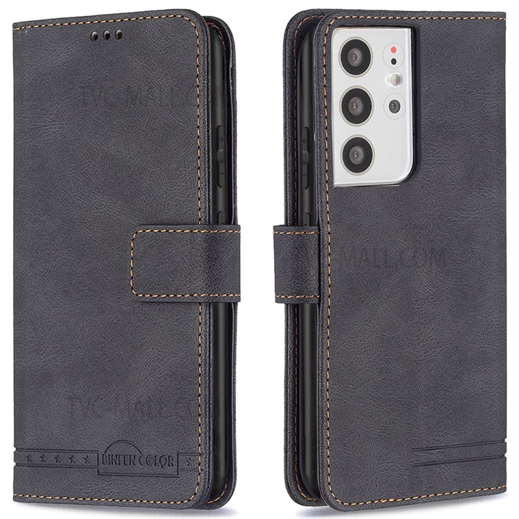 BINFEN COLOR BF09 RFID Blocking PU Leather Phone Case with Stand Wallet for Samsung Galaxy S21 Ultra 5G - Black-1
