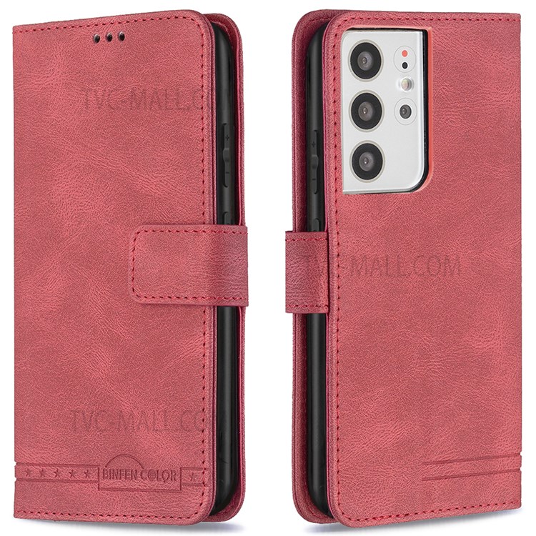 BINFEN COLOR BF09 RFID Blocking PU Leather Phone Case with Stand Wallet for Samsung Galaxy S21 Ultra 5G - Red-1