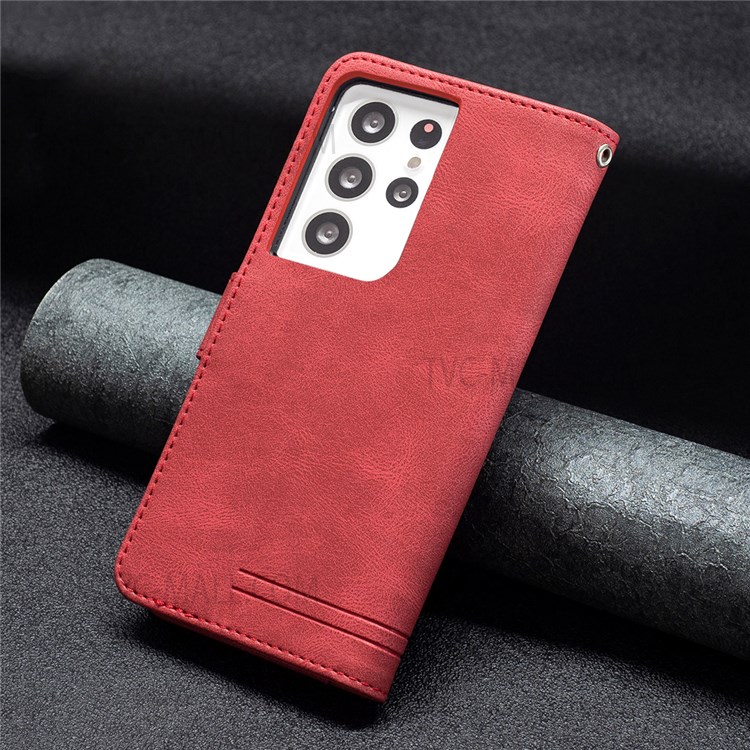 BINFEN COLOR BF09 RFID Blocking PU Leather Phone Case with Stand Wallet for Samsung Galaxy S21 Ultra 5G - Red-7