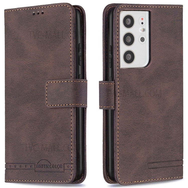 BINFEN COLOR BF09 RFID Blocking PU Leather Phone Case with Stand Wallet for Samsung Galaxy S21 Ultra 5G - Brown-1
