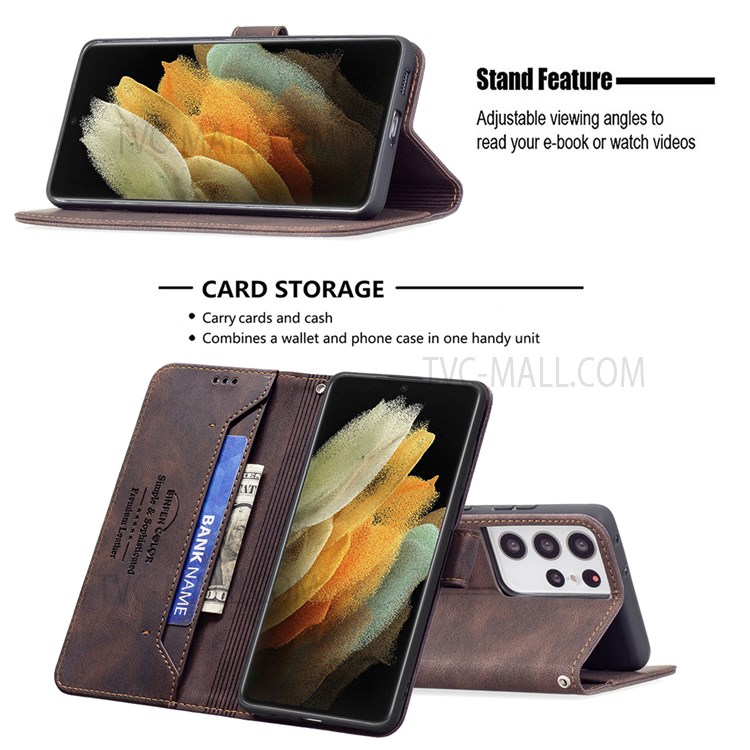 BINFEN COLOR BF09 RFID Blocking PU Leather Phone Case with Stand Wallet for Samsung Galaxy S21 Ultra 5G - Brown-2