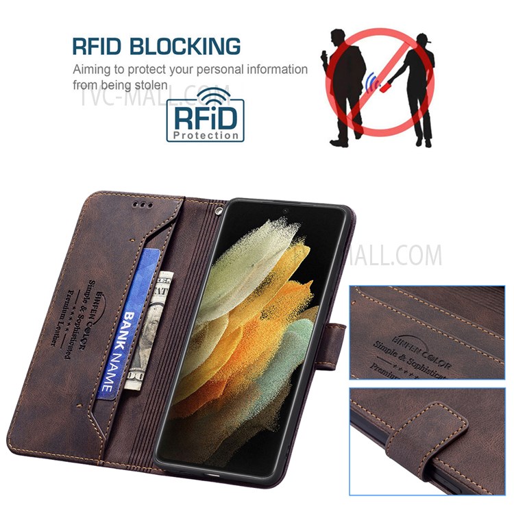 BINFEN COLOR BF09 RFID Blocking PU Leather Phone Case with Stand Wallet for Samsung Galaxy S21 Ultra 5G - Brown-3