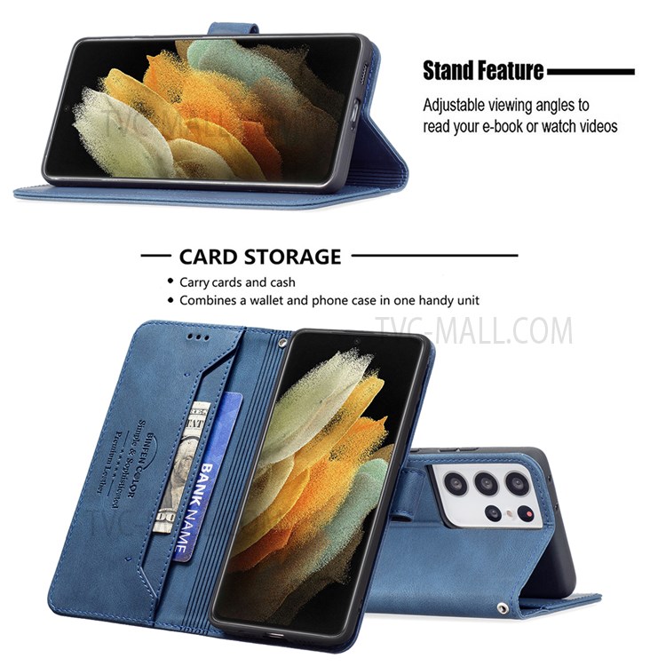 BINFEN COLOR BF09 RFID Blocking PU Leather Phone Case with Stand Wallet for Samsung Galaxy S21 Ultra 5G - Blue-2