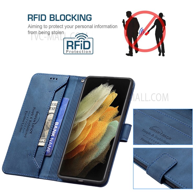 BINFEN COLOR BF09 RFID Blocking PU Leather Phone Case with Stand Wallet for Samsung Galaxy S21 Ultra 5G - Blue-3