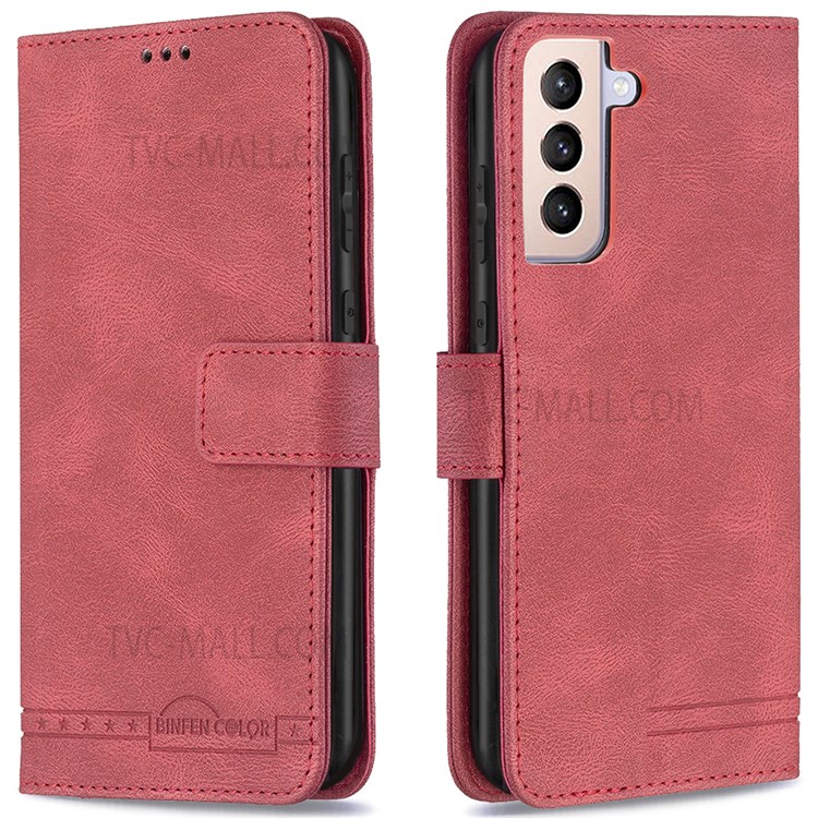 BINFEN COLOR BF09 RFID Blocking Stand Wallet Magnetic Closure Phone Case Protector for Samsung Galaxy S21+ 5G - Red-1