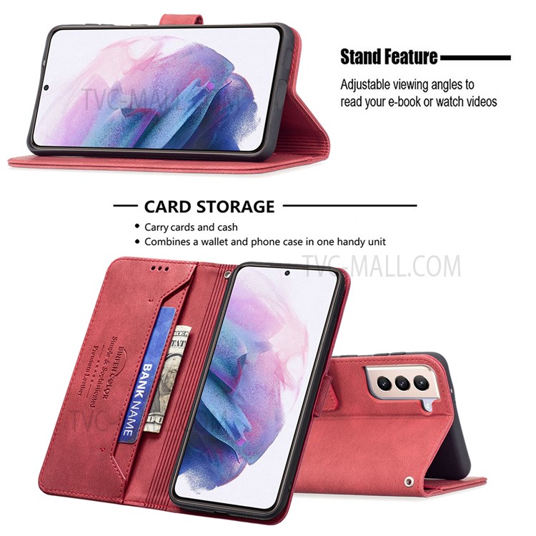 BINFEN COLOR BF09 RFID Blocking Stand Wallet Magnetic Closure Phone Case Protector for Samsung Galaxy S21+ 5G - Red-2