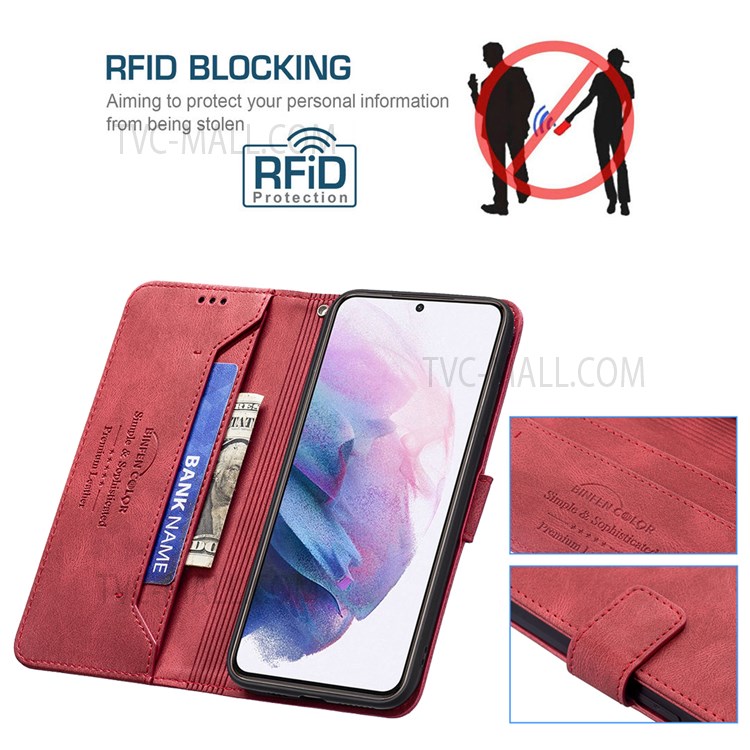 BINFEN COLOR BF09 RFID Blocking Stand Wallet Magnetic Closure Phone Case Protector for Samsung Galaxy S21+ 5G - Red-3