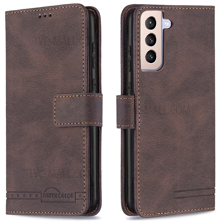 BINFEN COLOR BF09 RFID Blocking Stand Wallet Magnetic Closure Phone Case Protector for Samsung Galaxy S21+ 5G - Brown-1