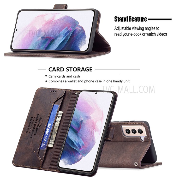 BINFEN COLOR BF09 RFID Blocking Stand Wallet Magnetic Closure Phone Case Protector for Samsung Galaxy S21+ 5G - Brown-2