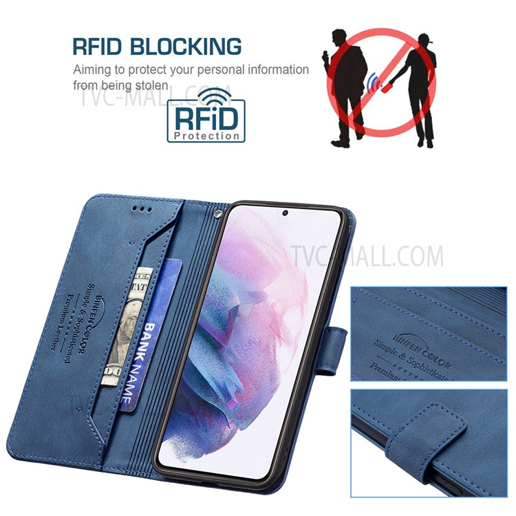BINFEN COLOR BF09 RFID Blocking Stand Wallet Magnetic Closure Phone Case Protector for Samsung Galaxy S21+ 5G - Blue-3