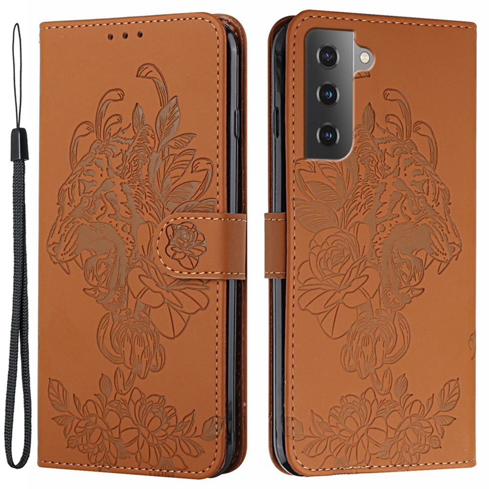 Imprinting Tiger Head Folio Flip Stand Wallet PU Leather Protective Phone Case Shell with Wrist Strap for Samsung Galaxy S22 Plus - Brown-1