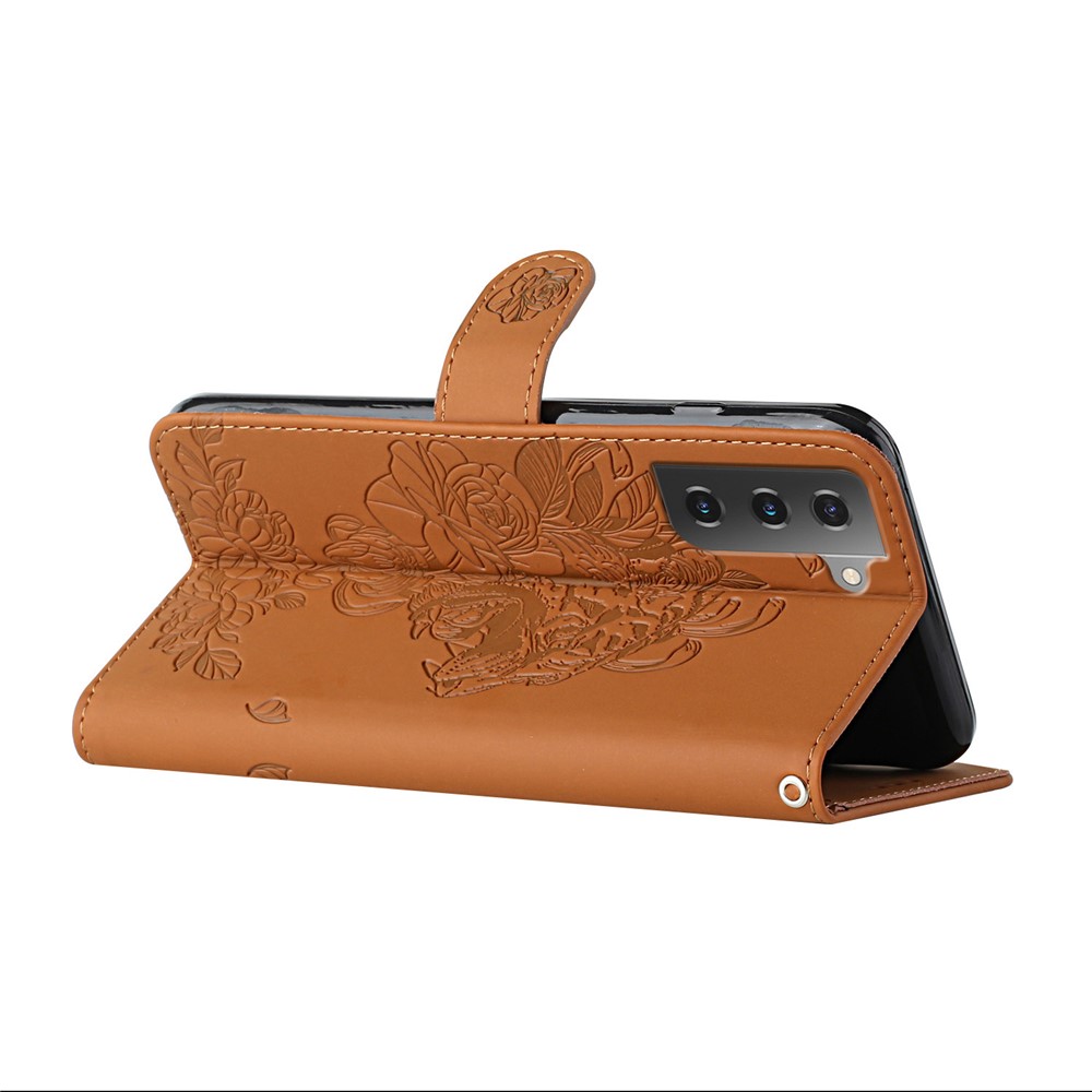 Imprinting Tiger Head Folio Flip Stand Wallet PU Leather Protective Phone Case Shell with Wrist Strap for Samsung Galaxy S22 Plus - Brown-3