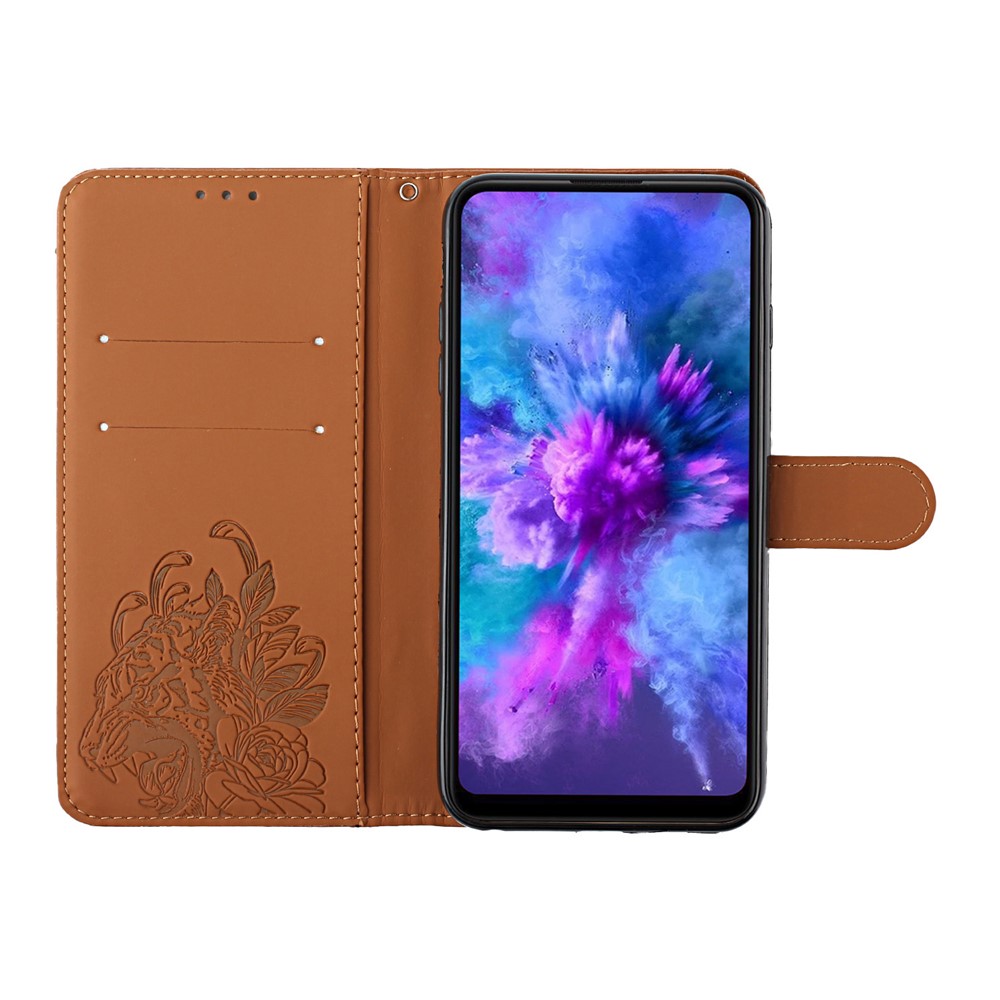 Imprinting Tiger Head Folio Flip Stand Wallet PU Leather Protective Phone Case Shell with Wrist Strap for Samsung Galaxy S22 Plus - Brown-4