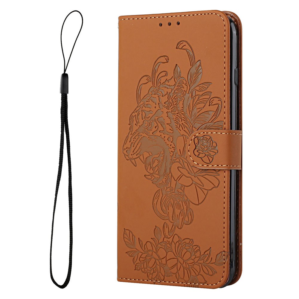 Imprinting Tiger Head Folio Flip Stand Wallet PU Leather Protective Phone Case Shell with Wrist Strap for Samsung Galaxy S22 Plus - Brown-5