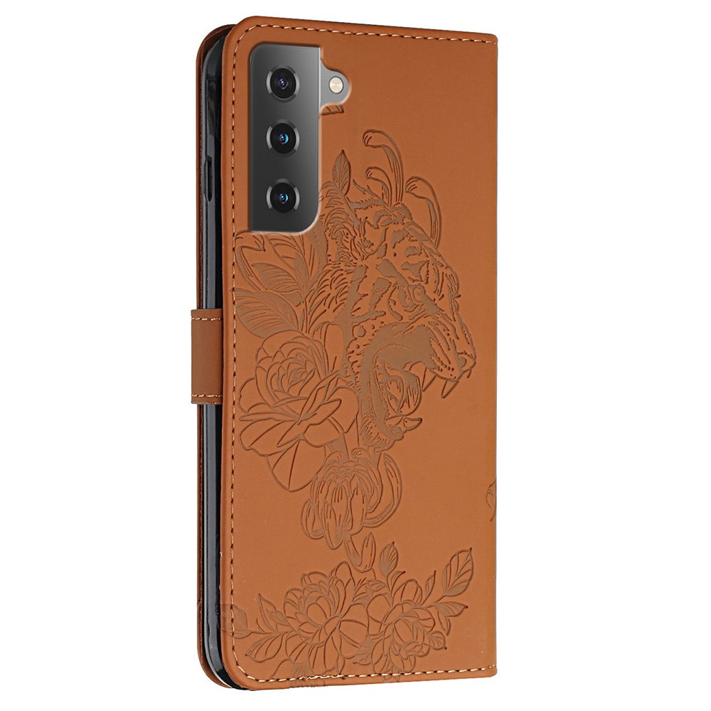 Imprinting Tiger Head Folio Flip Stand Wallet PU Leather Protective Phone Case Shell with Wrist Strap for Samsung Galaxy S22 Plus - Brown-6