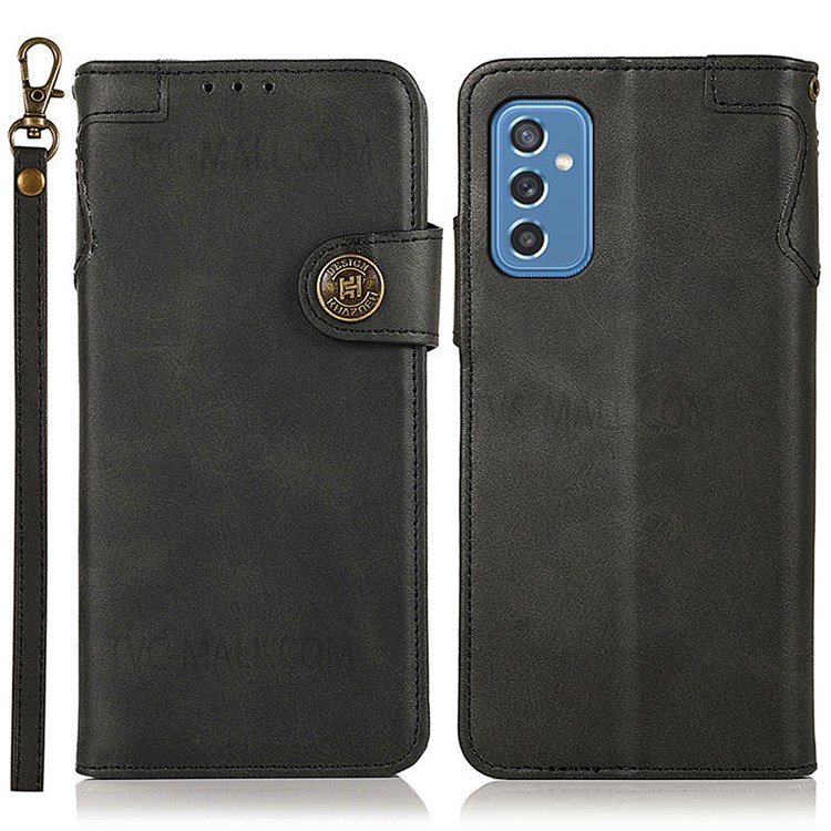 KHAZNEH Special Decor Magnetic Clasp Leather Wallet Stand Phone Case Shell with Strap for Samsung Galaxy M52 5G - Black-1