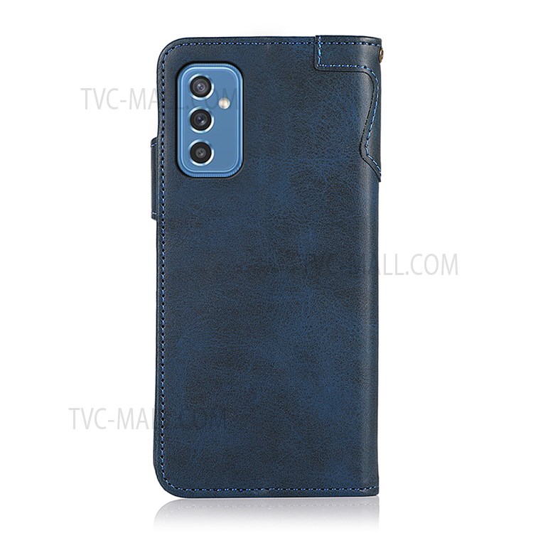 KHAZNEH Special Decor Magnetic Clasp Leather Wallet Stand Phone Case Shell with Strap for Samsung Galaxy M52 5G - Blue-3