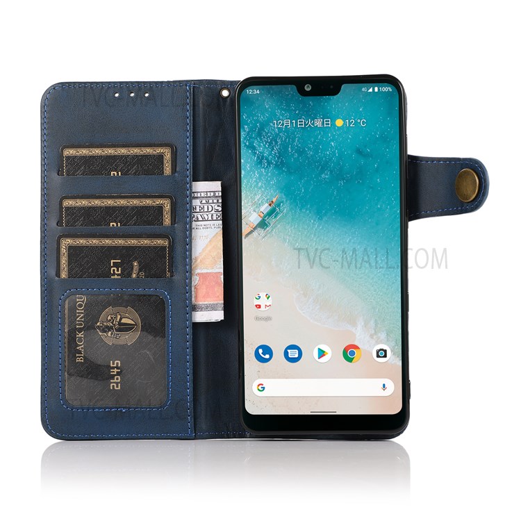 KHAZNEH Special Decor Magnetic Clasp Leather Wallet Stand Phone Case Shell with Strap for Samsung Galaxy M52 5G - Blue-4