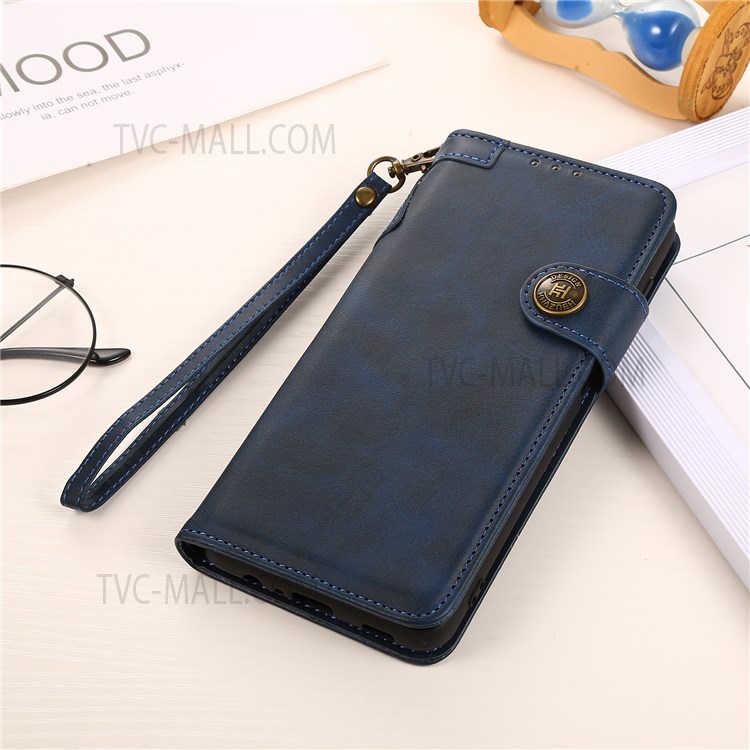 KHAZNEH Special Decor Magnetic Clasp Leather Wallet Stand Phone Case Shell with Strap for Samsung Galaxy M52 5G - Blue-6