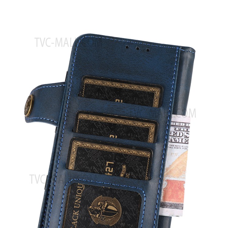 KHAZNEH Special Decor Magnetic Clasp Leather Wallet Stand Phone Case Shell with Strap for Samsung Galaxy M52 5G - Blue-8