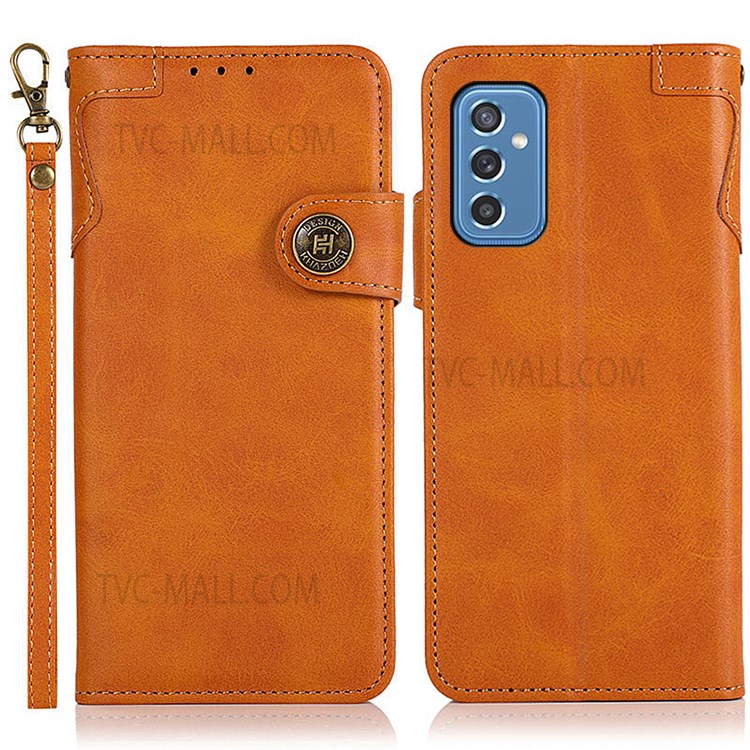 KHAZNEH Special Decor Magnetic Clasp Leather Wallet Stand Phone Case Shell with Strap for Samsung Galaxy M52 5G - Brown-1