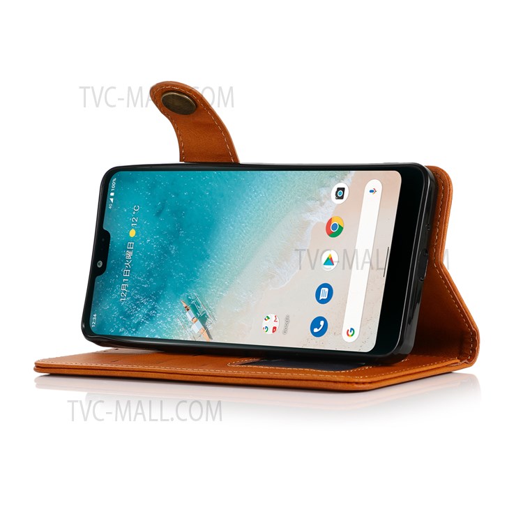 KHAZNEH Special Decor Magnetic Clasp Leather Wallet Stand Phone Case Shell with Strap for Samsung Galaxy M52 5G - Brown-5