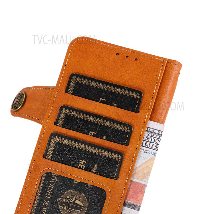 KHAZNEH Special Decor Magnetic Clasp Leather Wallet Stand Phone Case Shell with Strap for Samsung Galaxy M52 5G - Brown-8